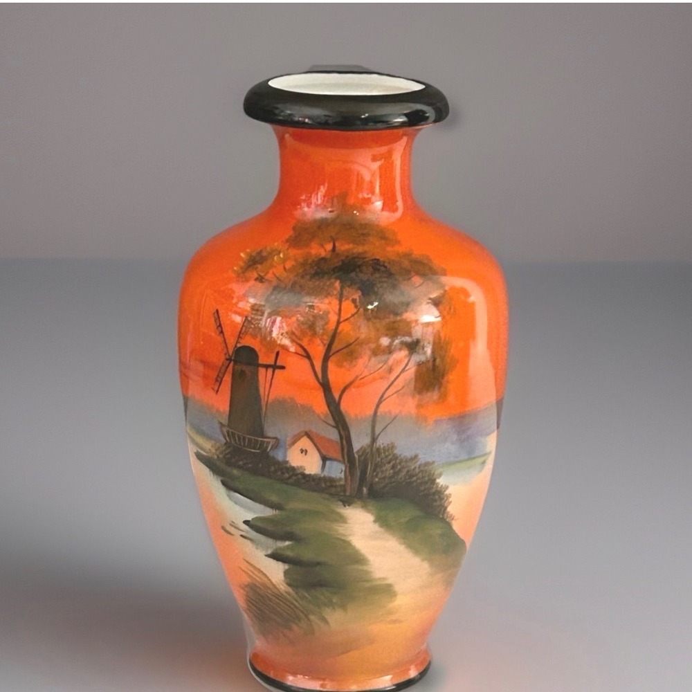 Noritake Hand Painted Orange Windmill Landscape Scene Cottagecore Art Deco Japan